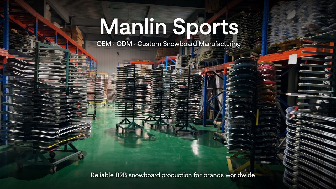 Snowboard manufacturing factory with boards prepared for OEM and ODM production