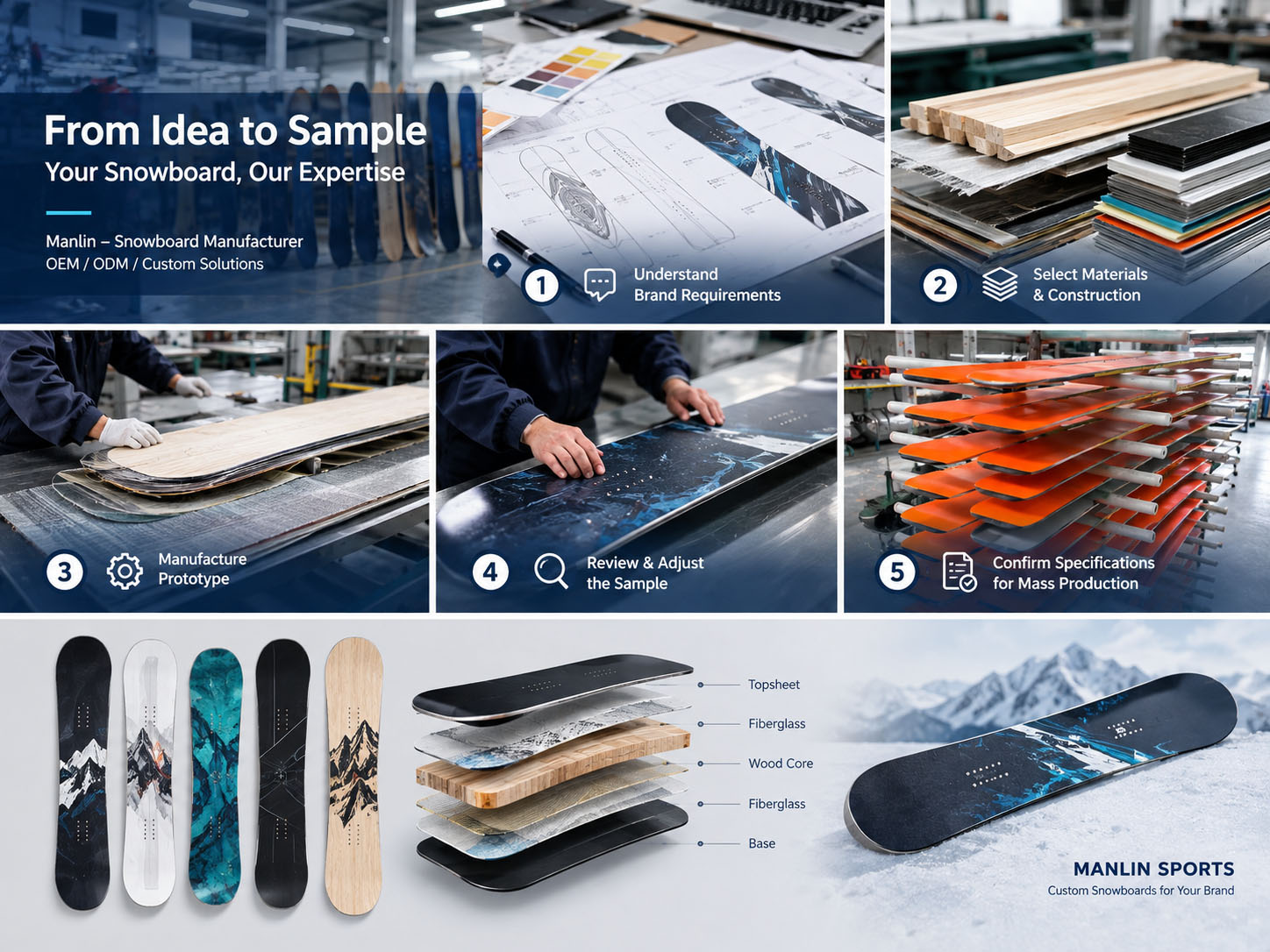 Snowboard manufacturer developing custom snowboard samples Manlin Sports.